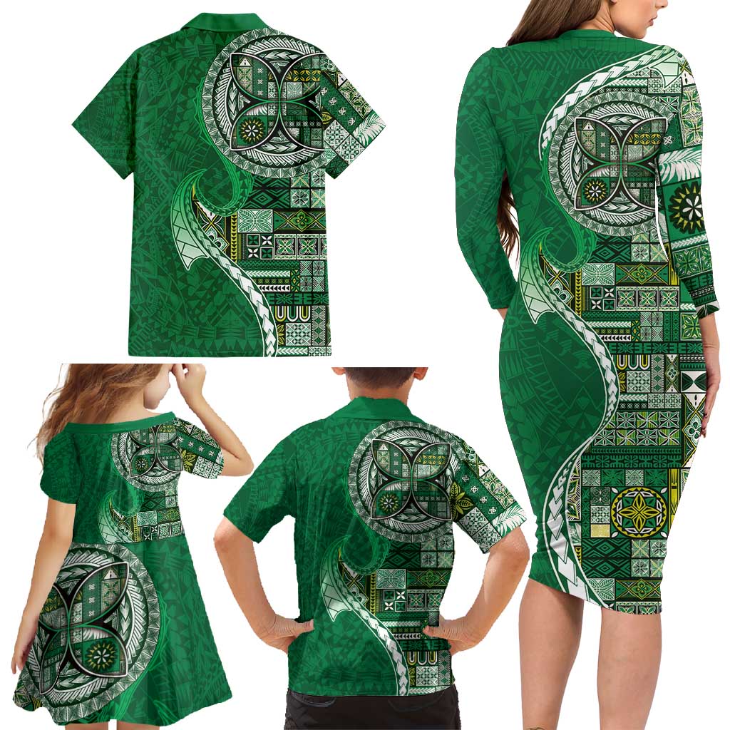 Samoan Siapo Art Tattoo Polynesian Pattern Family Matching Long Sleeve Bodycon Dress and Hawaiian Shirt Green Color LT03 - Polynesian Pride