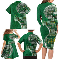 Samoan Siapo Art Tattoo Polynesian Pattern Family Matching Long Sleeve Bodycon Dress and Hawaiian Shirt Green Color LT03 - Polynesian Pride
