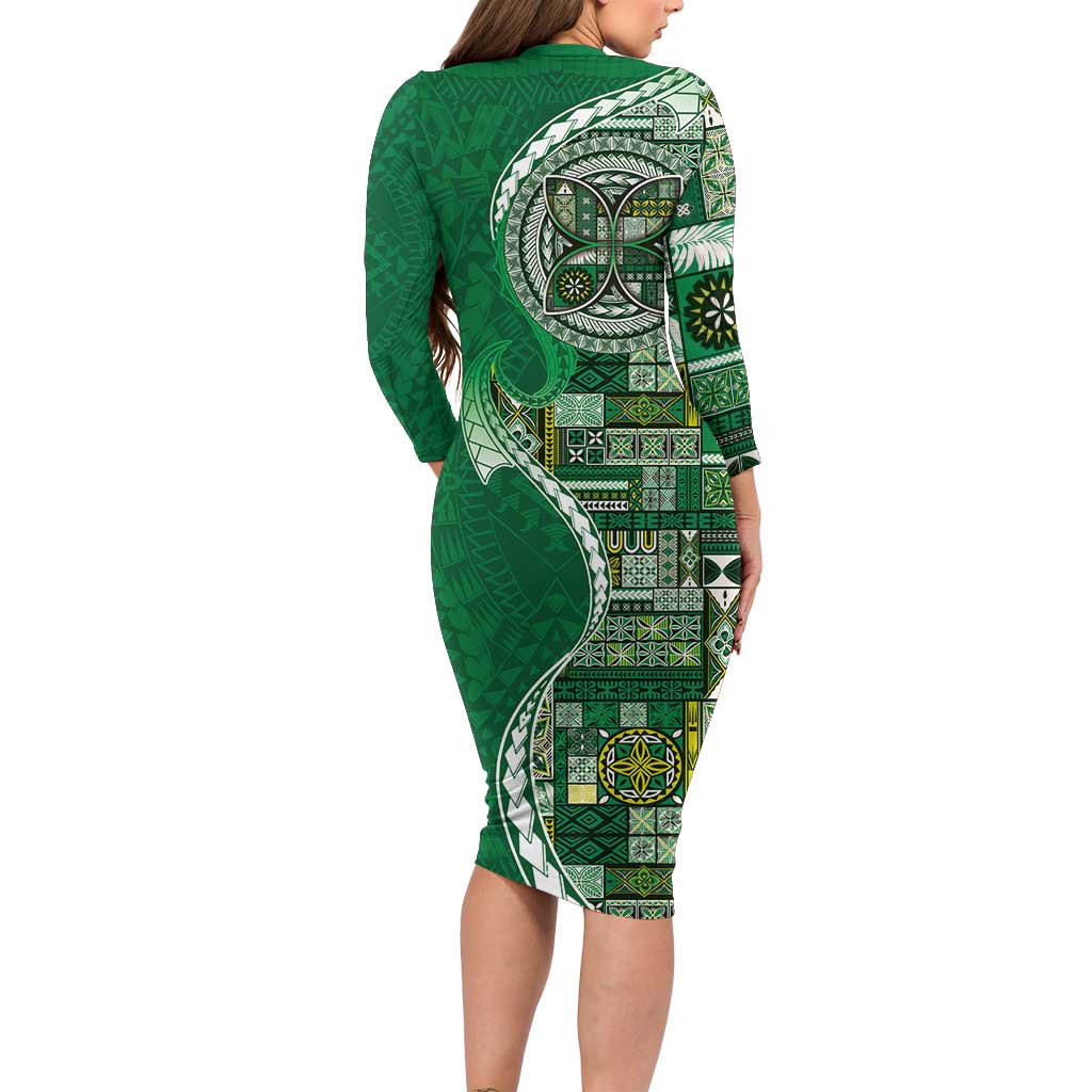 Samoan Siapo Art Tattoo Polynesian Pattern Family Matching Long Sleeve Bodycon Dress and Hawaiian Shirt Green Color LT03 - Polynesian Pride