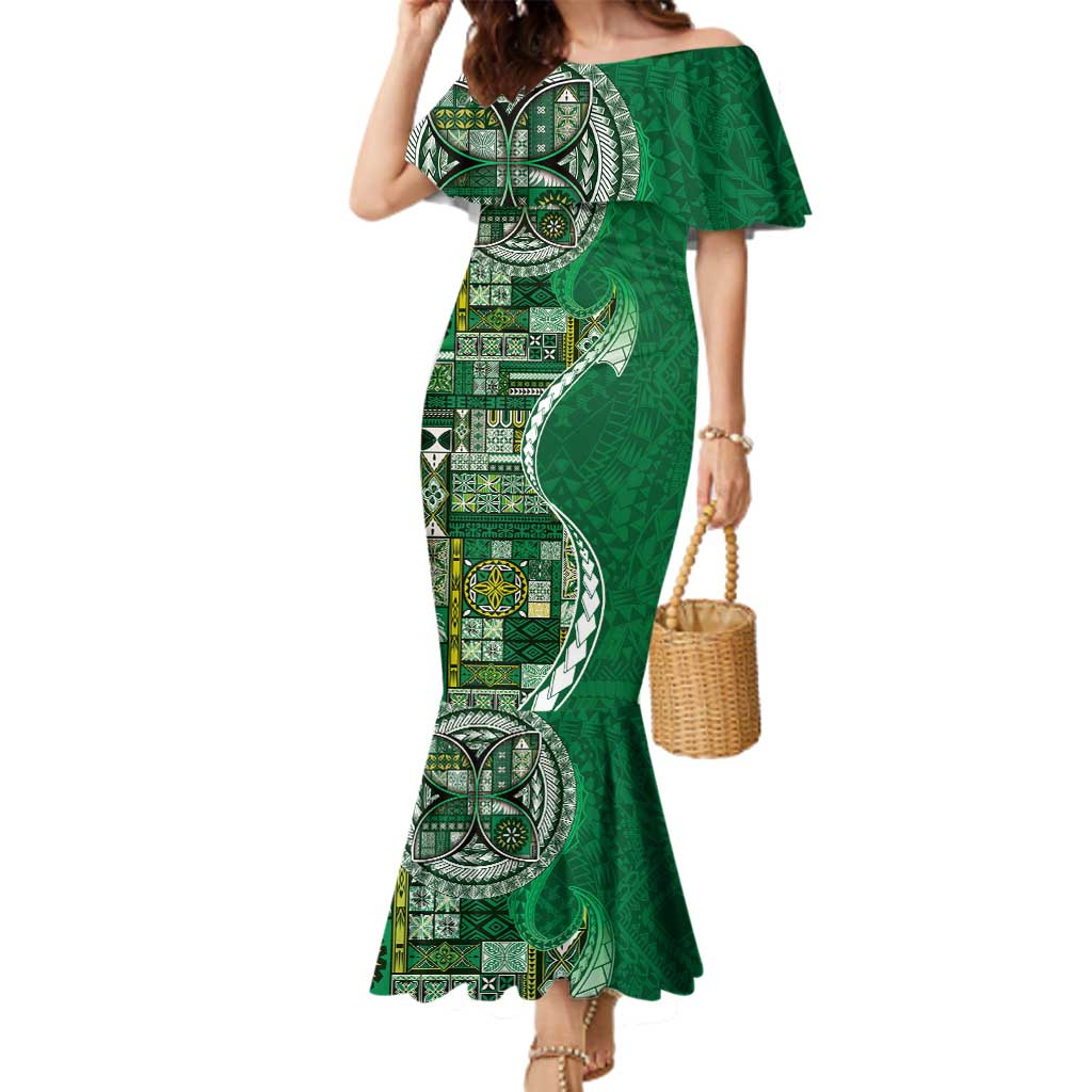 Samoan Siapo Art Tattoo Polynesian Pattern Family Matching Mermaid Dress and Hawaiian Shirt Green Color LT03 Mom's Dress Green - Polynesian Pride