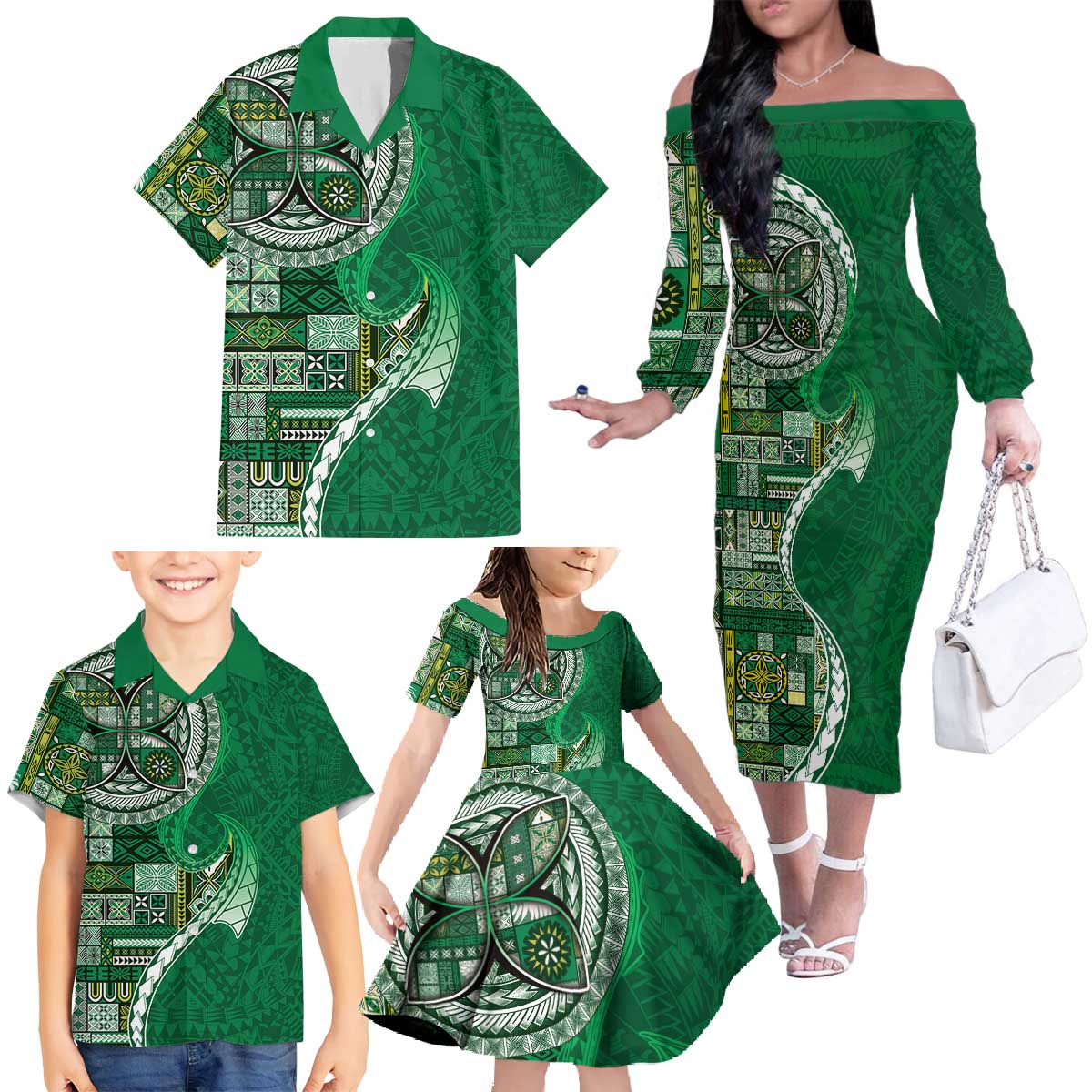 Samoan Siapo Art Tattoo Polynesian Pattern Family Matching Off The Shoulder Long Sleeve Dress and Hawaiian Shirt Green Color LT03 - Polynesian Pride