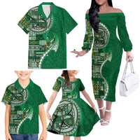 Samoan Siapo Art Tattoo Polynesian Pattern Family Matching Off The Shoulder Long Sleeve Dress and Hawaiian Shirt Green Color LT03 - Polynesian Pride