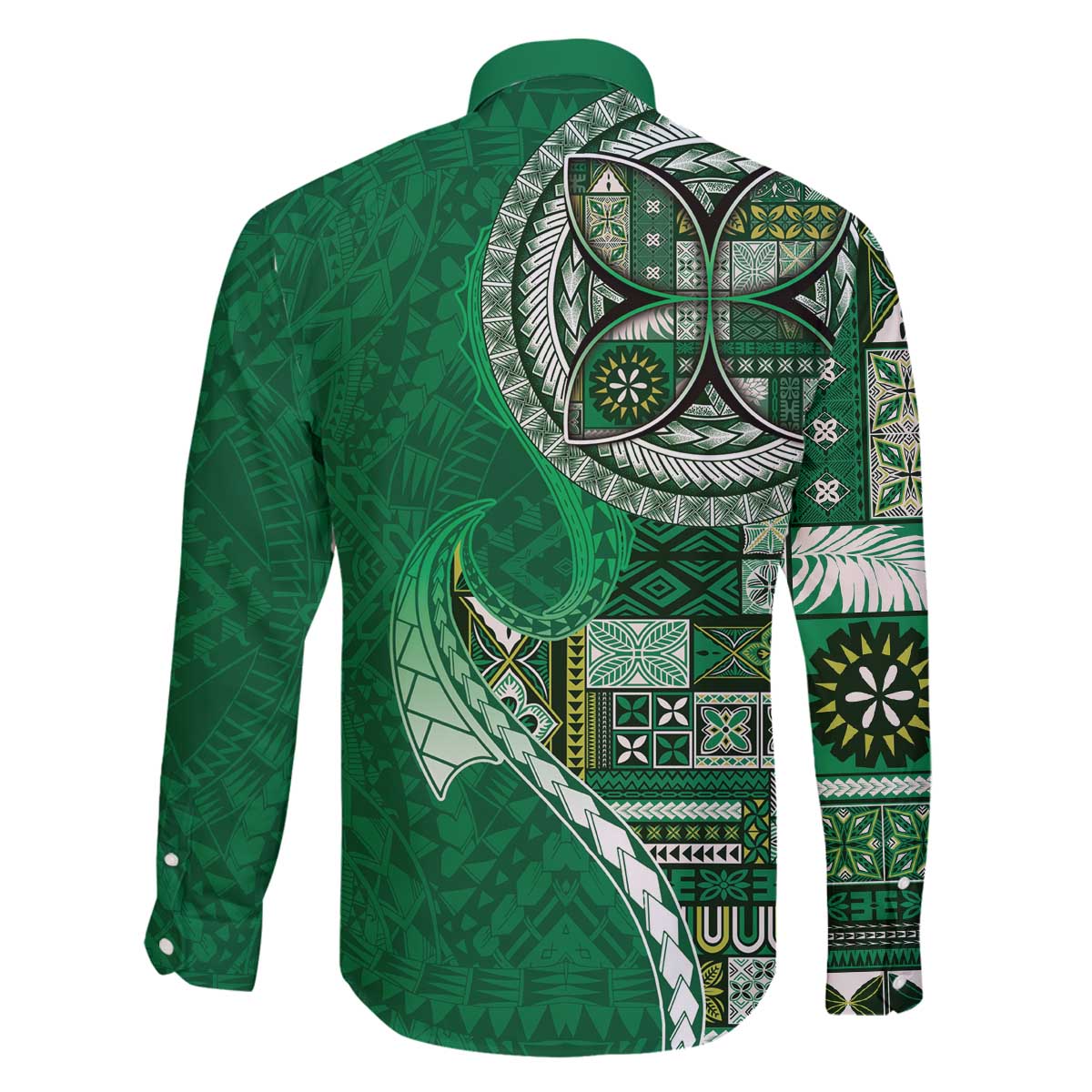 Samoan Siapo Art Tattoo Polynesian Pattern Family Matching Off The Shoulder Long Sleeve Dress and Hawaiian Shirt Green Color LT03 - Polynesian Pride