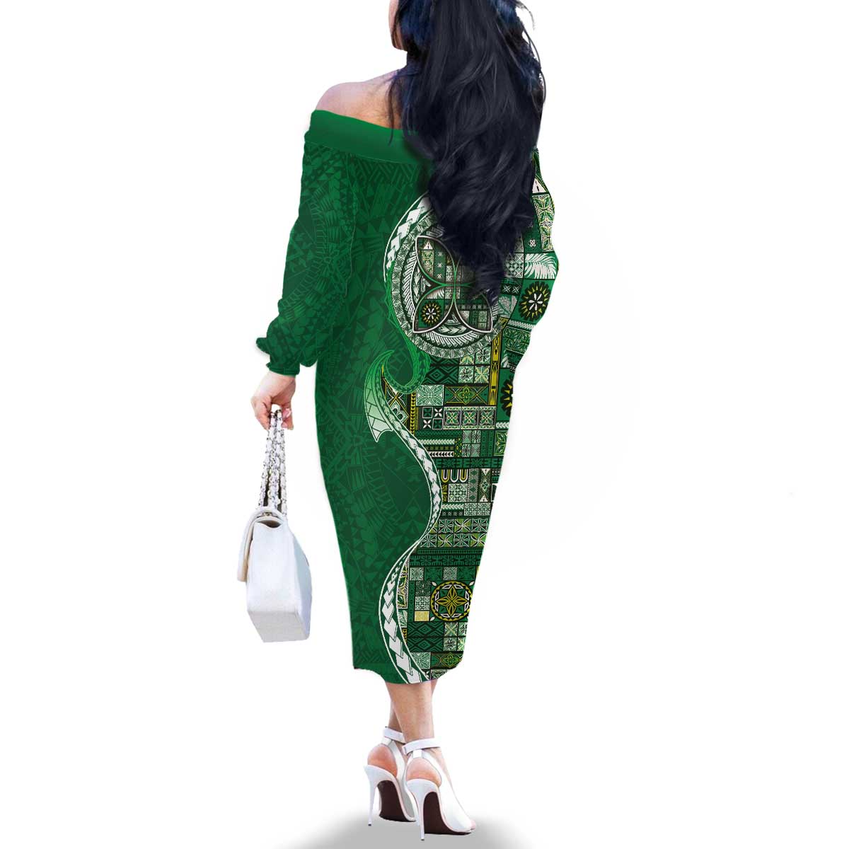 Samoan Siapo Art Tattoo Polynesian Pattern Family Matching Off The Shoulder Long Sleeve Dress and Hawaiian Shirt Green Color LT03 - Polynesian Pride