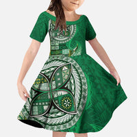 Samoan Siapo Art Tattoo Polynesian Pattern Family Matching Off Shoulder Maxi Dress and Hawaiian Shirt Green Color LT03 Daughter's Dress Green - Polynesian Pride