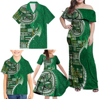 Samoan Siapo Art Tattoo Polynesian Pattern Family Matching Off Shoulder Maxi Dress and Hawaiian Shirt Green Color LT03 - Polynesian Pride