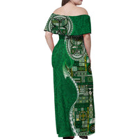 Samoan Siapo Art Tattoo Polynesian Pattern Family Matching Off Shoulder Maxi Dress and Hawaiian Shirt Green Color LT03 - Polynesian Pride