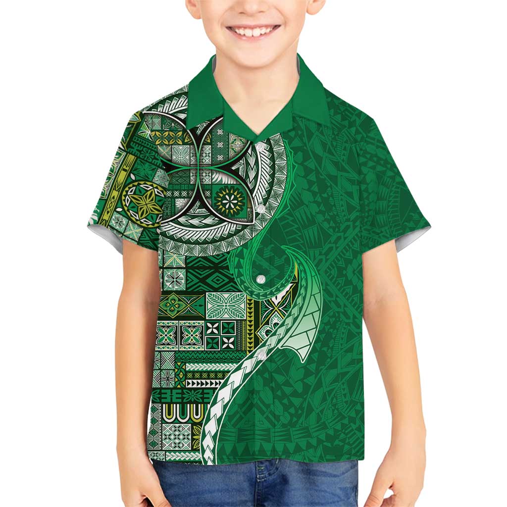 Samoan Siapo Art Tattoo Polynesian Pattern Family Matching Off Shoulder Maxi Dress and Hawaiian Shirt Green Color LT03 Son's Shirt Green - Polynesian Pride