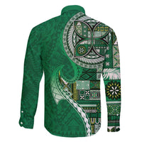 Samoan Siapo Art Tattoo Polynesian Pattern Family Matching Off Shoulder Short Dress and Hawaiian Shirt Green Color LT03 - Polynesian Pride