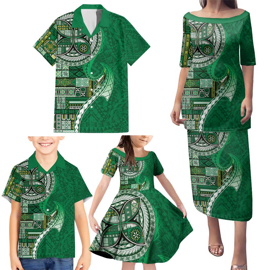 Samoan Siapo Art Tattoo Polynesian Pattern Family Matching Puletasi and Hawaiian Shirt Green Color LT03 - Polynesian Pride