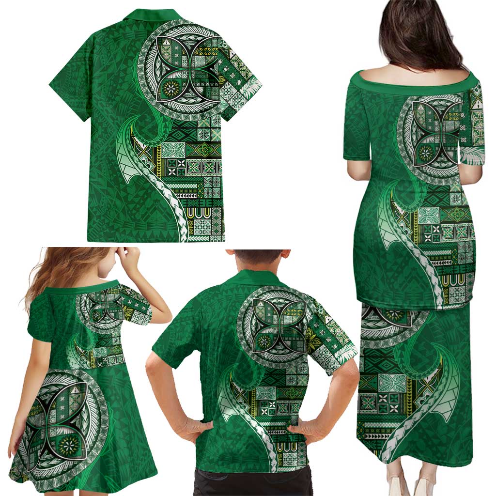 Samoan Siapo Art Tattoo Polynesian Pattern Family Matching Puletasi and Hawaiian Shirt Green Color LT03 - Polynesian Pride