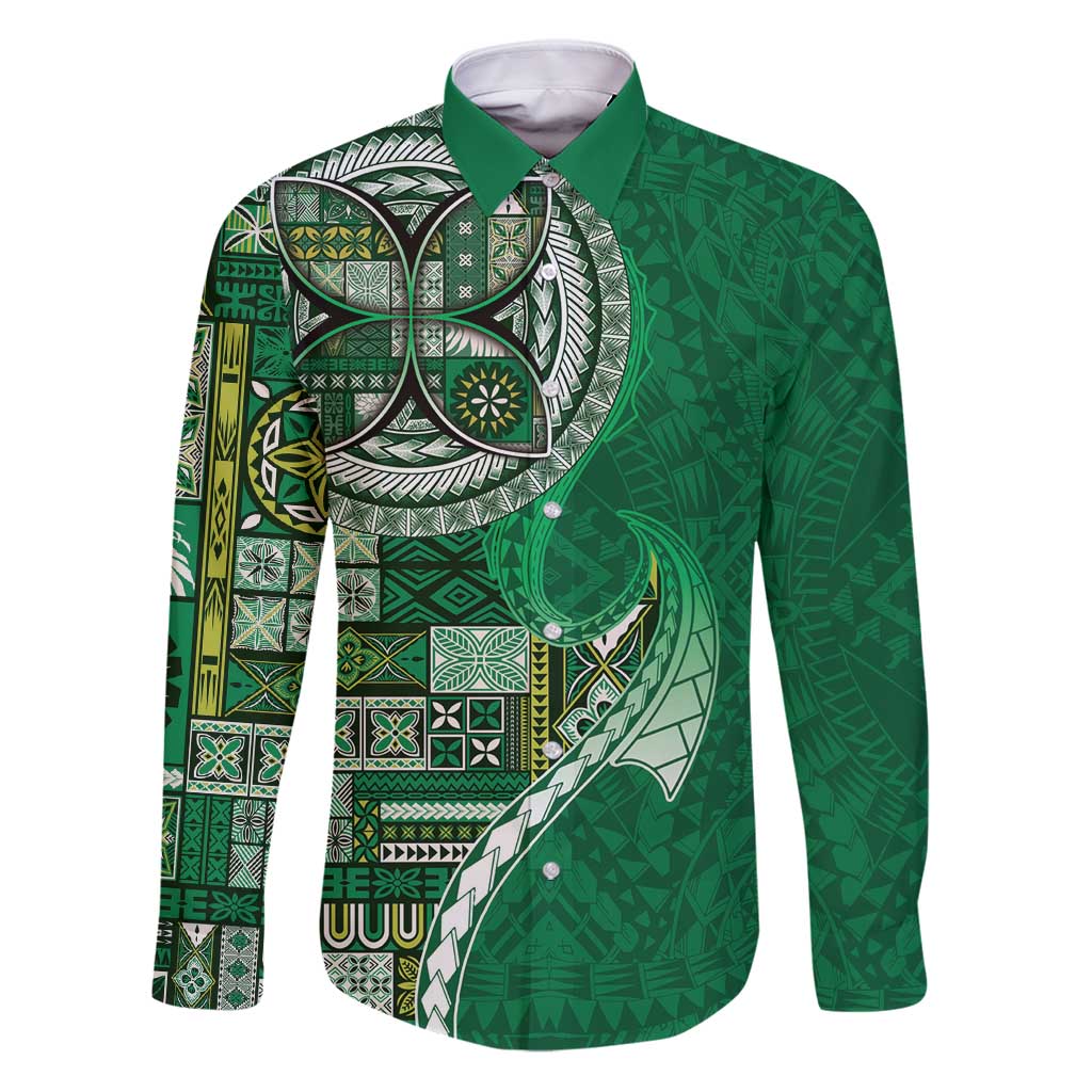 Samoan Siapo Art Tattoo Polynesian Pattern Family Matching Puletasi and Hawaiian Shirt Green Color LT03 Dad's Shirt - Long Sleeve Green - Polynesian Pride