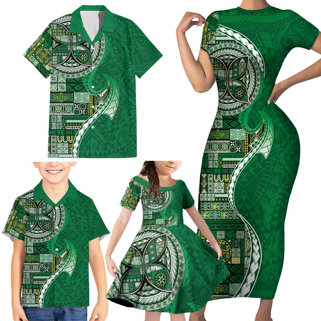 Samoan Siapo Art Tattoo Polynesian Pattern Family Matching Short Sleeve Bodycon Dress and Hawaiian Shirt Green Color LT03 - Polynesian Pride