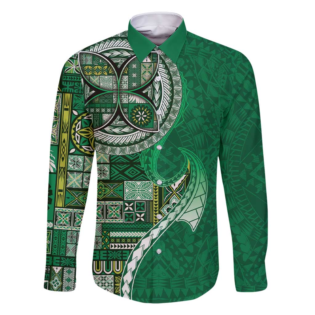 Samoan Siapo Art Tattoo Polynesian Pattern Family Matching Short Sleeve Bodycon Dress and Hawaiian Shirt Green Color LT03 Dad's Shirt - Long Sleeve Green - Polynesian Pride