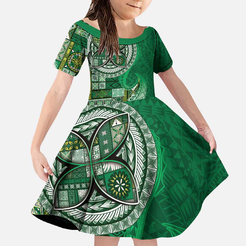 Samoan Siapo Art Tattoo Polynesian Pattern Family Matching Summer Maxi Dress and Hawaiian Shirt Green Color LT03 Daughter's Dress Green - Polynesian Pride