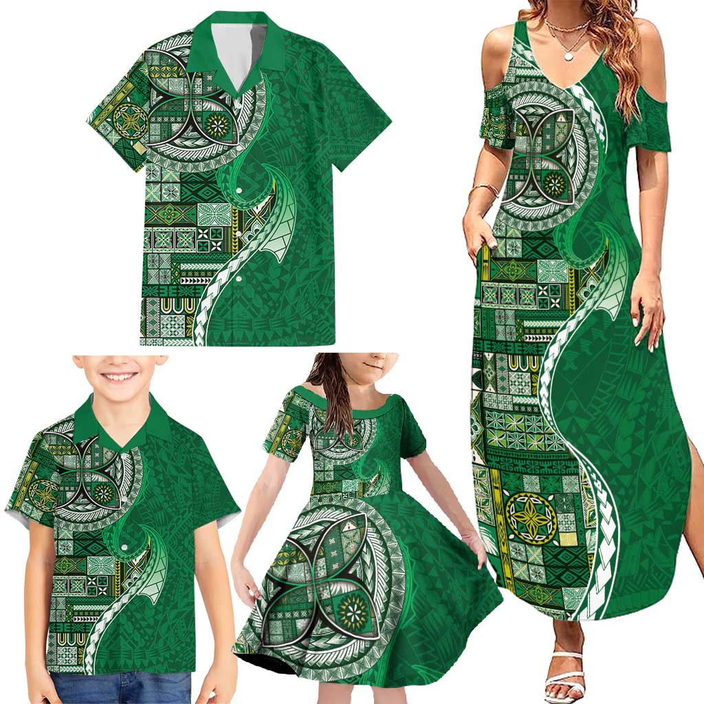 Samoan Siapo Art Tattoo Polynesian Pattern Family Matching Summer Maxi Dress and Hawaiian Shirt Green Color LT03 - Polynesian Pride