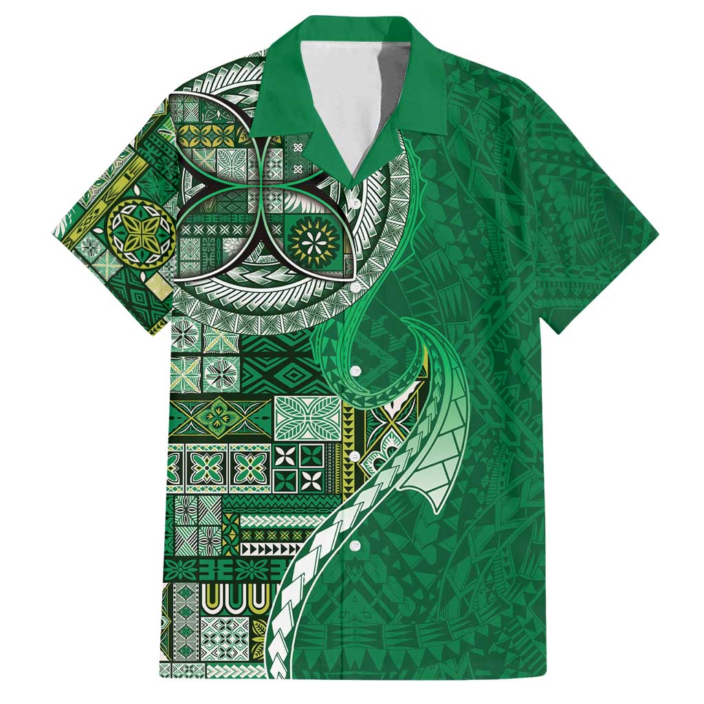 Samoan Siapo Art Tattoo Polynesian Pattern Family Matching Summer Maxi Dress and Hawaiian Shirt Green Color LT03 Dad's Shirt - Short Sleeve Green - Polynesian Pride