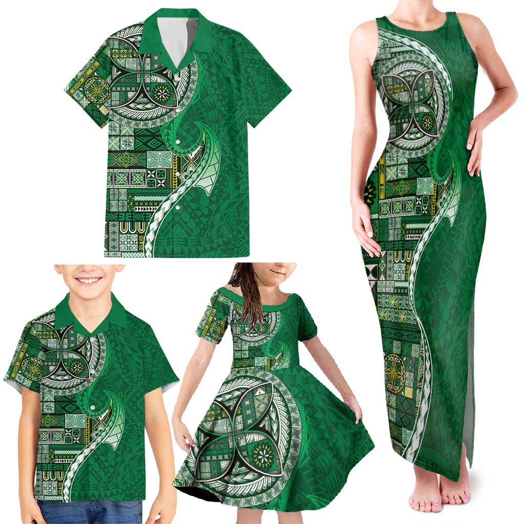 Samoan Siapo Art Tattoo Polynesian Pattern Family Matching Tank Maxi Dress and Hawaiian Shirt Green Color LT03 - Polynesian Pride