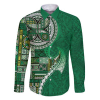 Samoan Siapo Art Tattoo Polynesian Pattern Family Matching Tank Maxi Dress and Hawaiian Shirt Green Color LT03 Dad's Shirt - Long Sleeve Green - Polynesian Pride
