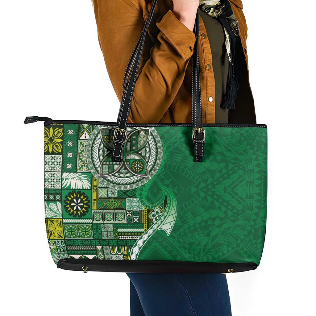 Samoan Siapo Art Tattoo Polynesian Pattern Leather Tote Bag Green Color - Polynesian Pride