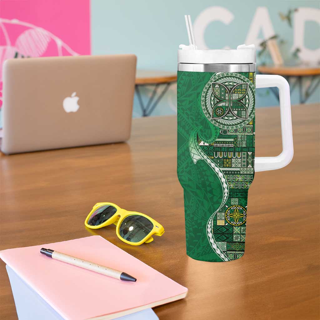 Samoan Siapo Art Tattoo Polynesian Pattern Tumbler With Handle Green Color - Polynesian Pride
