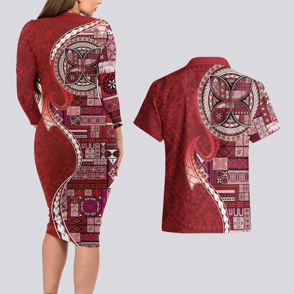 Samoan Siapo Art Tattoo Polynesian Pattern Couples Matching Long Sleeve Bodycon Dress and Hawaiian Shirt Red Color LT03 - Polynesian Pride
