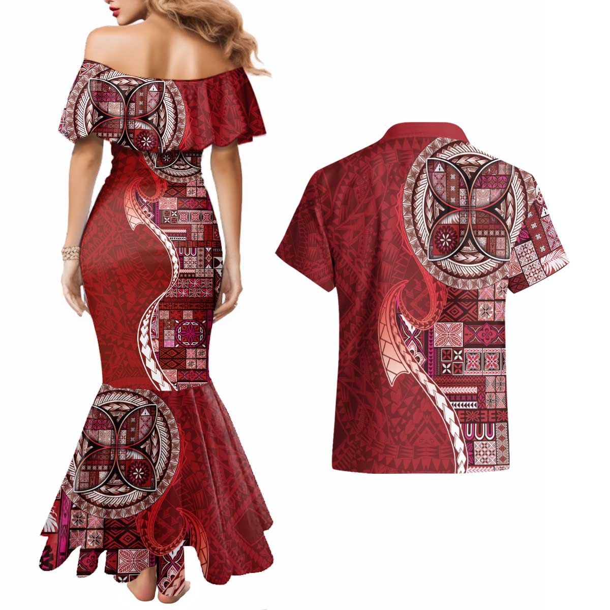 Samoan Siapo Art Tattoo Polynesian Pattern Couples Matching Mermaid Dress and Hawaiian Shirt Red Color LT03 - Polynesian Pride