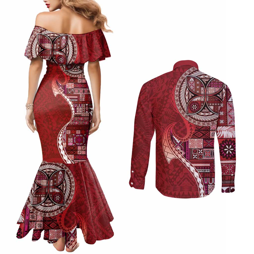Samoan Siapo Art Tattoo Polynesian Pattern Couples Matching Mermaid Dress and Long Sleeve Button Shirt Red Color - Polynesian Pride