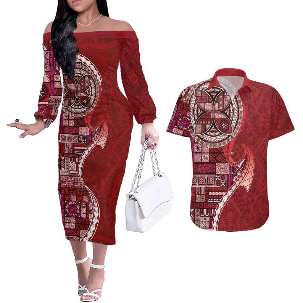 Samoan Siapo Art Tattoo Polynesian Pattern Couples Matching Off The Shoulder Long Sleeve Dress and Hawaiian Shirt Red Color LT03 Red - Polynesian Pride