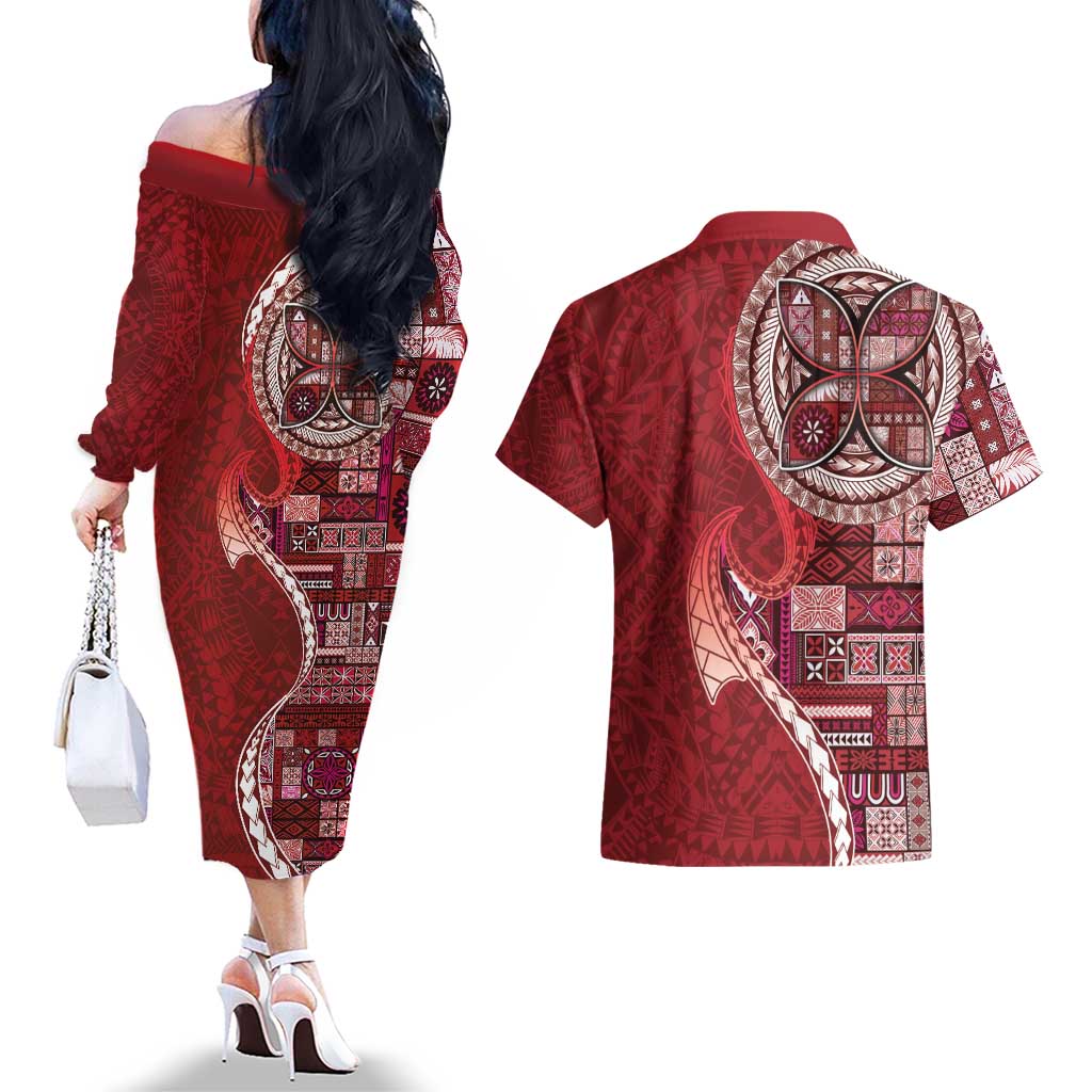 Samoan Siapo Art Tattoo Polynesian Pattern Couples Matching Off The Shoulder Long Sleeve Dress and Hawaiian Shirt Red Color LT03 - Polynesian Pride