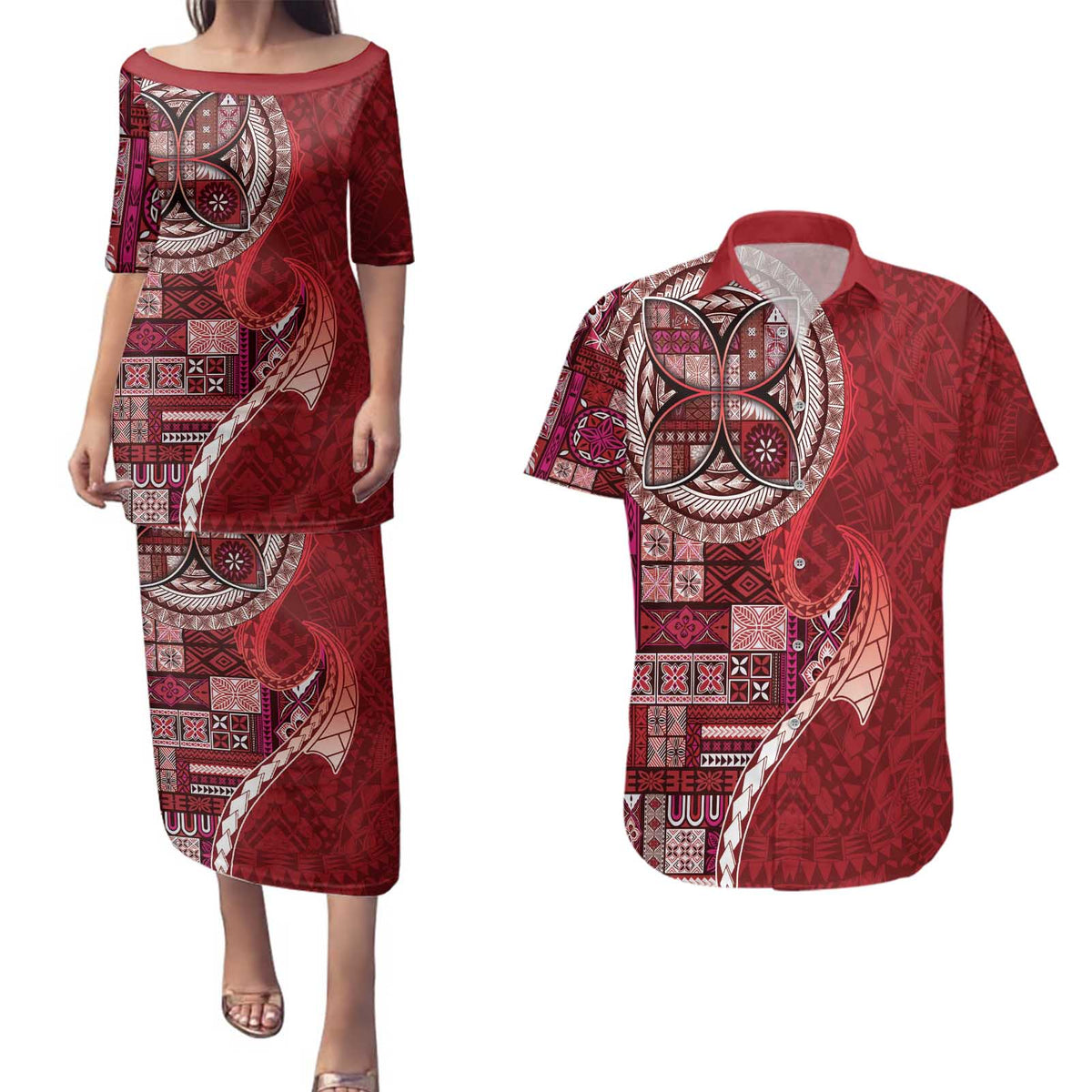 Samoan Siapo Art Tattoo Polynesian Pattern Couples Matching Puletasi and Hawaiian Shirt Red Color - Polynesian Pride