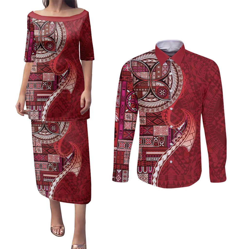 Samoan Siapo Art Tattoo Polynesian Pattern Couples Matching Puletasi and Long Sleeve Button Shirt Red Color - Polynesian Pride