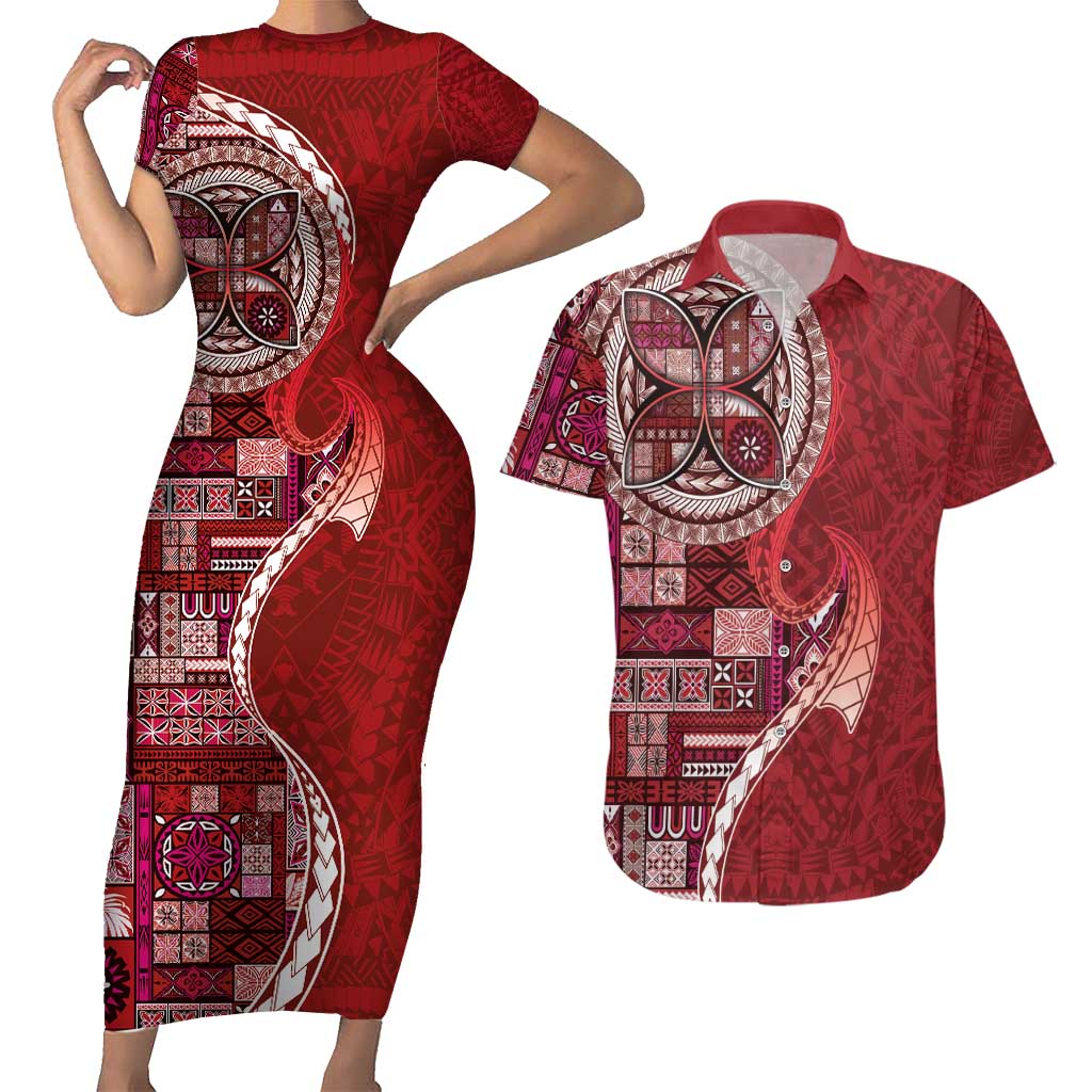 Samoan Siapo Art Tattoo Polynesian Pattern Couples Matching Short Sleeve Bodycon Dress and Hawaiian Shirt Red Color LT03 Red - Polynesian Pride