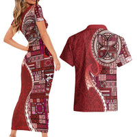 Samoan Siapo Art Tattoo Polynesian Pattern Couples Matching Short Sleeve Bodycon Dress and Hawaiian Shirt Red Color LT03 - Polynesian Pride