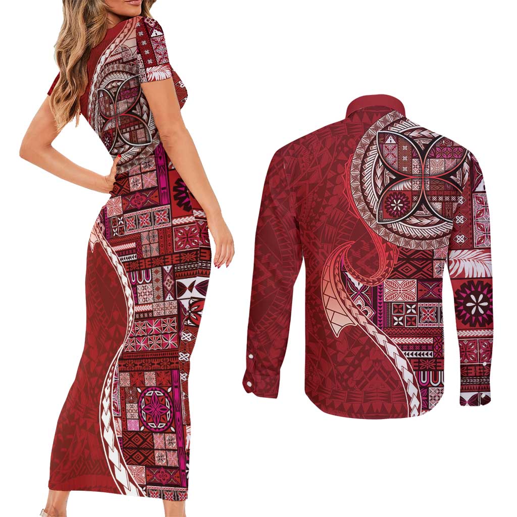 Samoan Siapo Art Tattoo Polynesian Pattern Couples Matching Short Sleeve Bodycon Dress and Long Sleeve Button Shirt Red Color - Polynesian Pride