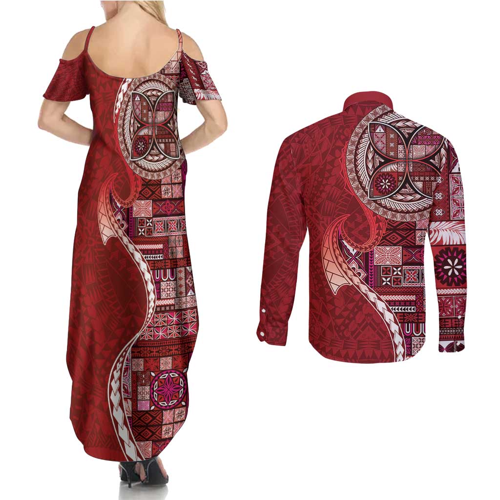 Samoan Siapo Art Tattoo Polynesian Pattern Couples Matching Summer Maxi Dress and Long Sleeve Button Shirt Red Color - Polynesian Pride