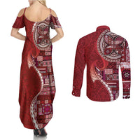 Samoan Siapo Art Tattoo Polynesian Pattern Couples Matching Summer Maxi Dress and Long Sleeve Button Shirt Red Color - Polynesian Pride