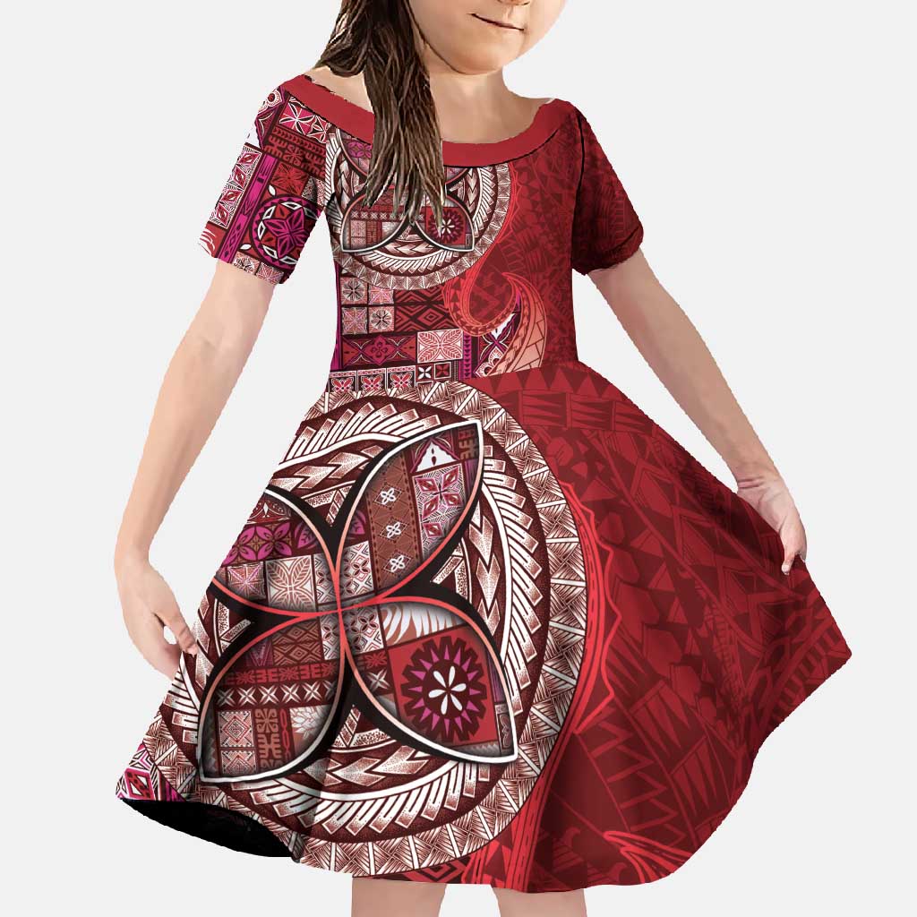 Samoan Siapo Art Tattoo Polynesian Pattern Family Matching Long Sleeve Bodycon Dress and Hawaiian Shirt Red Color LT03 Daughter's Dress Red - Polynesian Pride