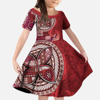 Samoan Siapo Art Tattoo Polynesian Pattern Family Matching Long Sleeve Bodycon Dress and Hawaiian Shirt Red Color LT03 Daughter's Dress Red - Polynesian Pride