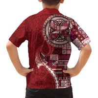 Samoan Siapo Art Tattoo Polynesian Pattern Family Matching Off The Shoulder Long Sleeve Dress and Hawaiian Shirt Red Color LT03 - Polynesian Pride