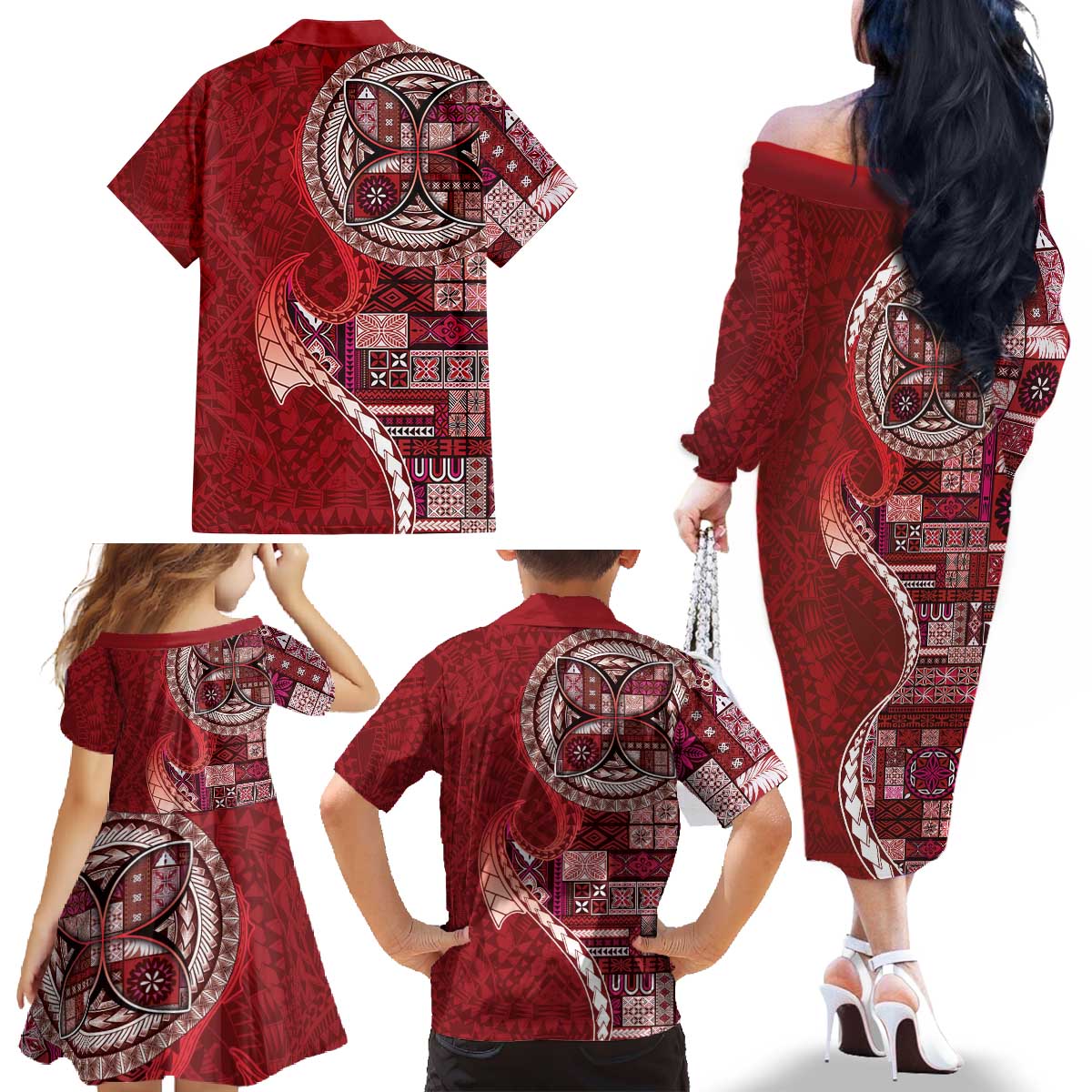 Samoan Siapo Art Tattoo Polynesian Pattern Family Matching Off The Shoulder Long Sleeve Dress and Hawaiian Shirt Red Color LT03 - Polynesian Pride
