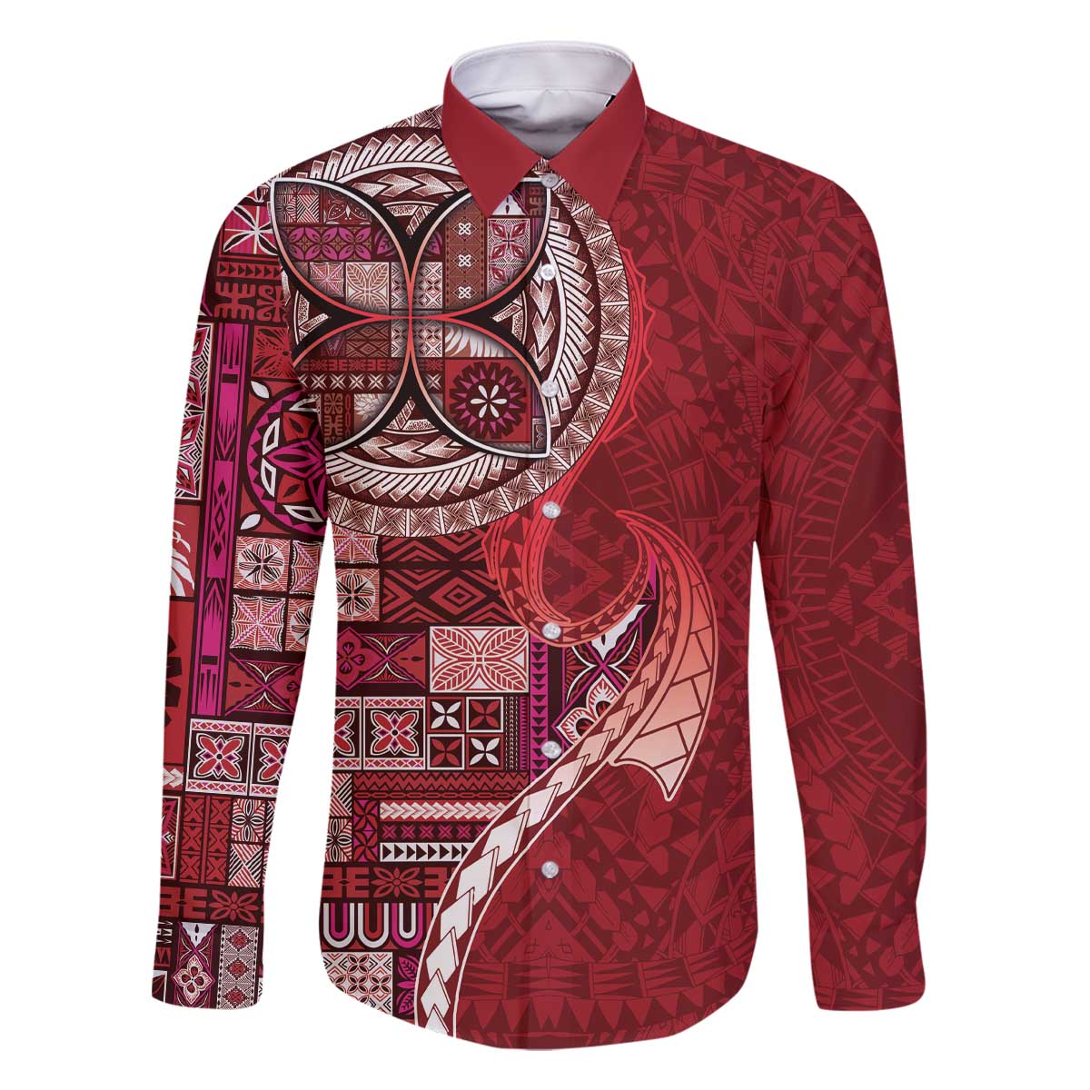 Samoan Siapo Art Tattoo Polynesian Pattern Family Matching Off The Shoulder Long Sleeve Dress and Hawaiian Shirt Red Color LT03 Dad's Shirt - Long Sleeve Red - Polynesian Pride