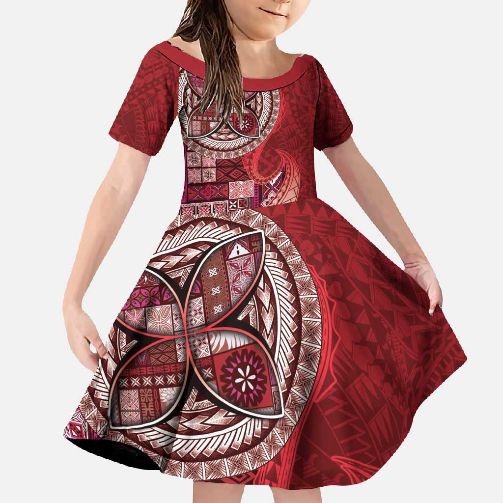 Samoan Siapo Art Tattoo Polynesian Pattern Family Matching Off Shoulder Maxi Dress and Hawaiian Shirt Red Color LT03 Daughter's Dress Red - Polynesian Pride