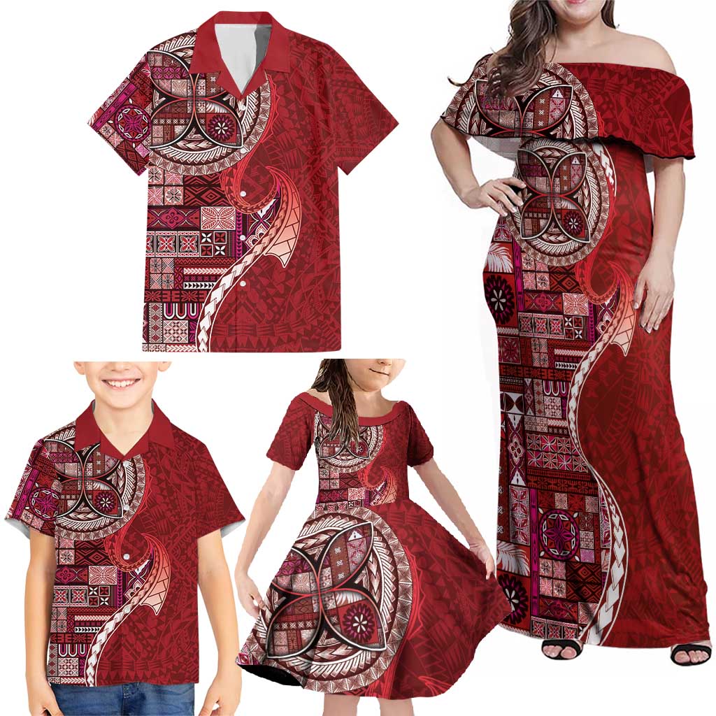 Samoan Siapo Art Tattoo Polynesian Pattern Family Matching Off Shoulder Maxi Dress and Hawaiian Shirt Red Color LT03 - Polynesian Pride
