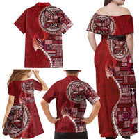 Samoan Siapo Art Tattoo Polynesian Pattern Family Matching Off Shoulder Maxi Dress and Hawaiian Shirt Red Color LT03 - Polynesian Pride