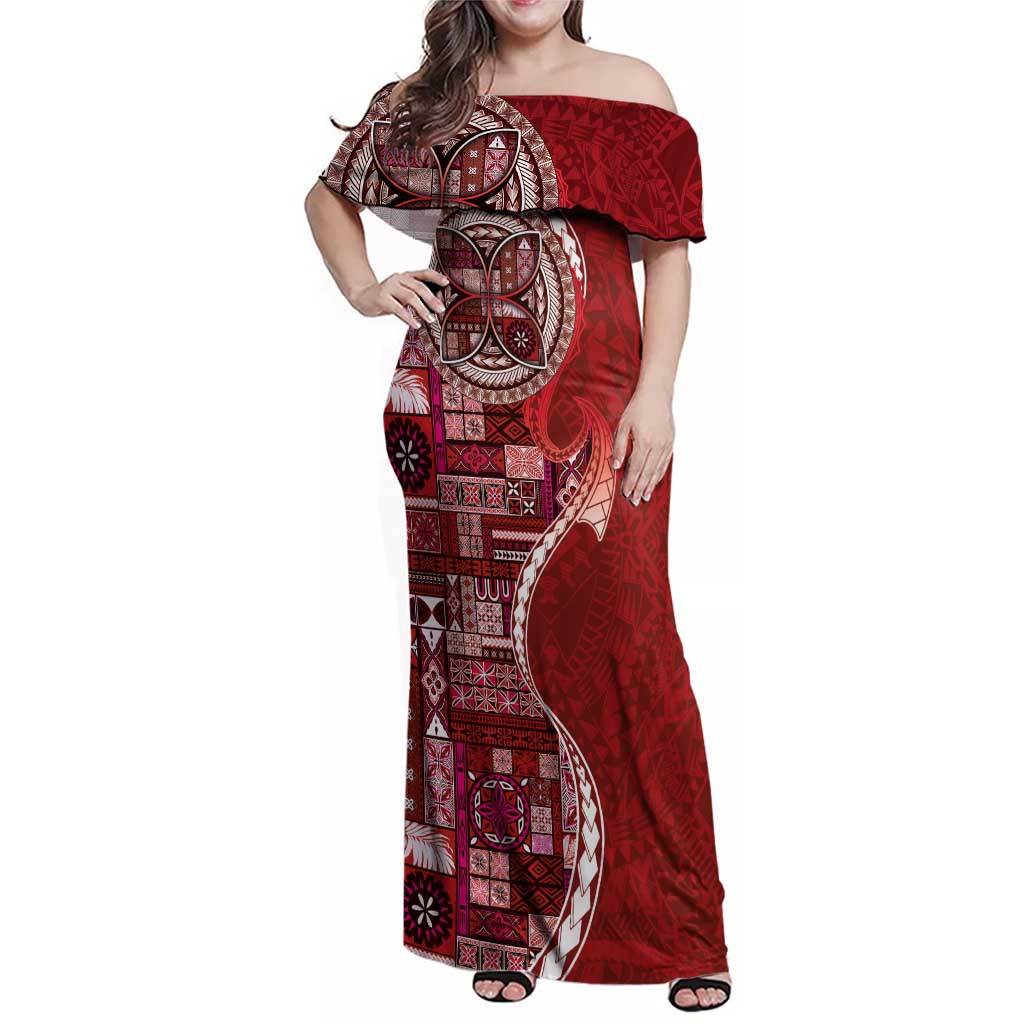 Samoan Siapo Art Tattoo Polynesian Pattern Family Matching Off Shoulder Maxi Dress and Hawaiian Shirt Red Color LT03 Mom's Dress Red - Polynesian Pride