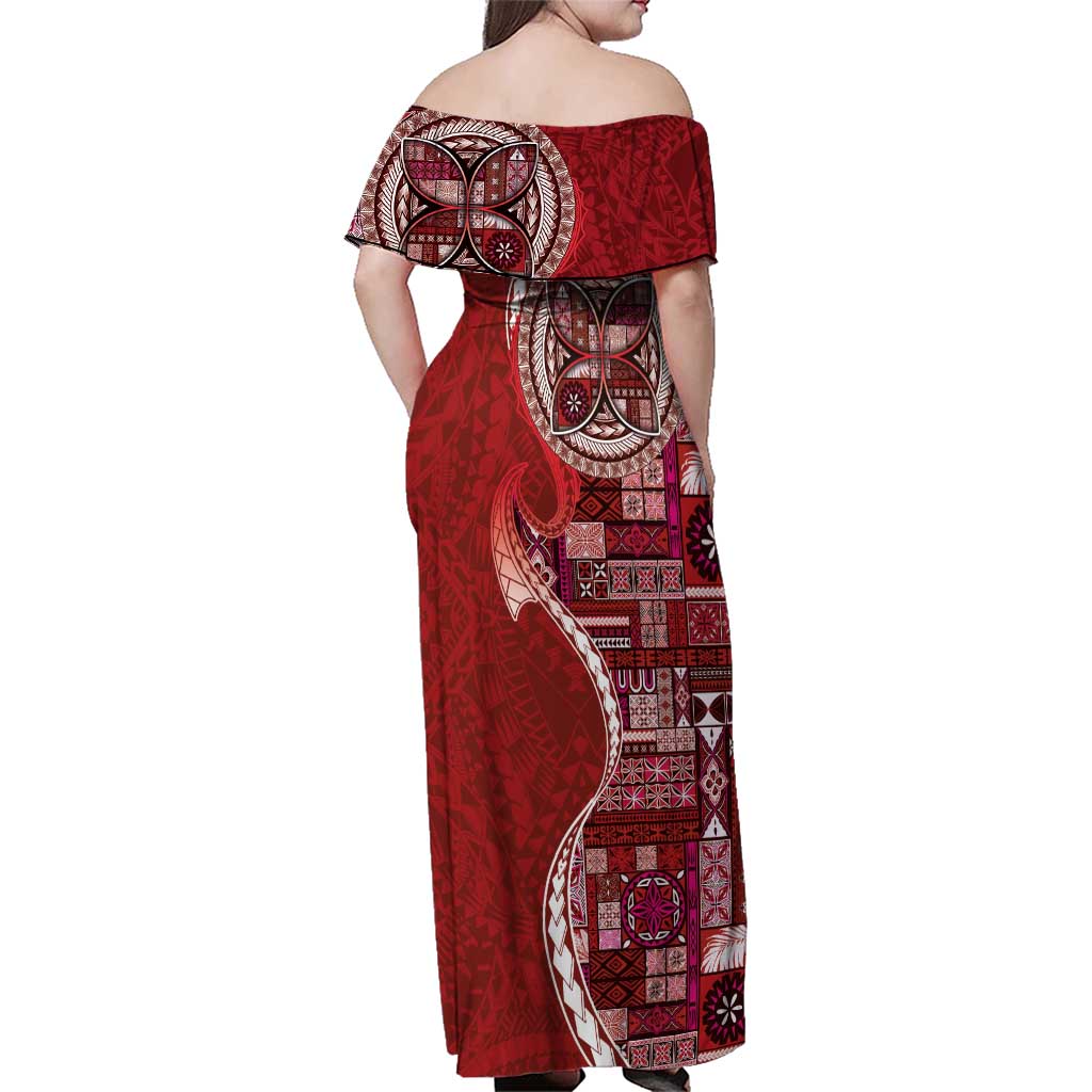Samoan Siapo Art Tattoo Polynesian Pattern Family Matching Off Shoulder Maxi Dress and Hawaiian Shirt Red Color LT03 - Polynesian Pride