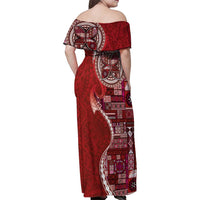Samoan Siapo Art Tattoo Polynesian Pattern Family Matching Off Shoulder Maxi Dress and Hawaiian Shirt Red Color LT03 - Polynesian Pride