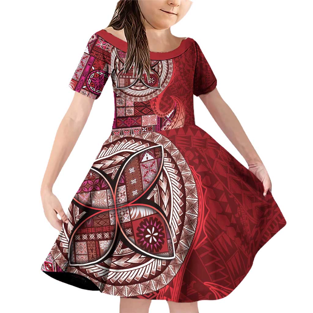 Samoan Siapo Art Tattoo Polynesian Pattern Family Matching Off Shoulder Short Dress and Hawaiian Shirt Red Color LT03 Daughter's Dress Red - Polynesian Pride