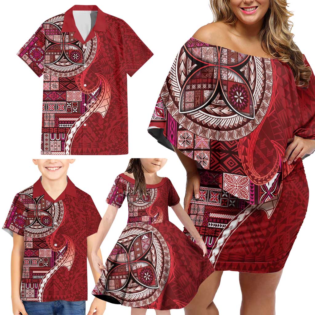 Samoan Siapo Art Tattoo Polynesian Pattern Family Matching Off Shoulder Short Dress and Hawaiian Shirt Red Color LT03 - Polynesian Pride